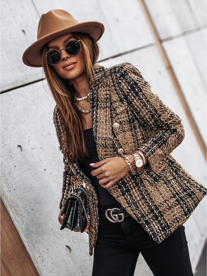 Tweed Plaid Double-Breasted Blazer