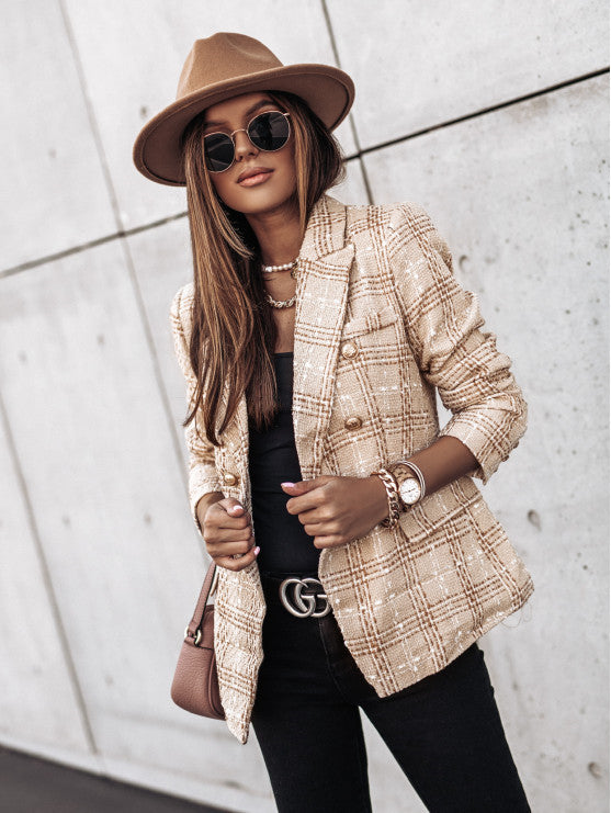 Tweed Plaid Double-Breasted Blazer