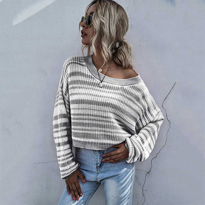 Striped Knit Sweater with Crewneck and Cropped Length