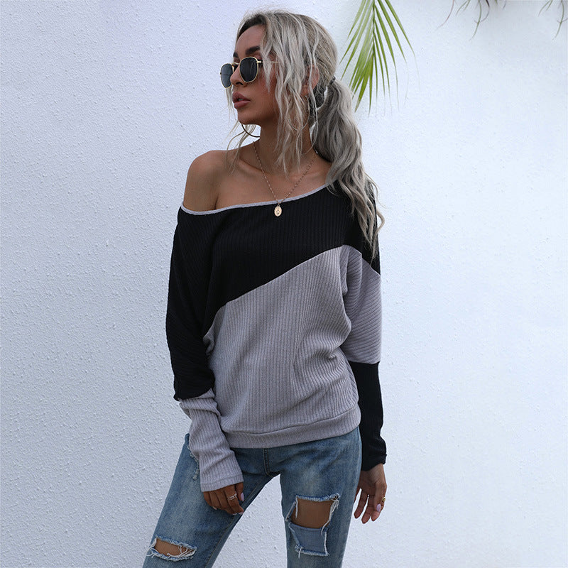 Loose Color-Blocked Knit Top with Off-Shoulder Neckline