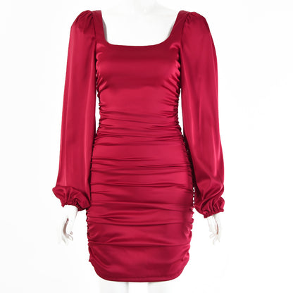 Ruched Bodycon Mini Dress with Square Neck and Puff Sleeves