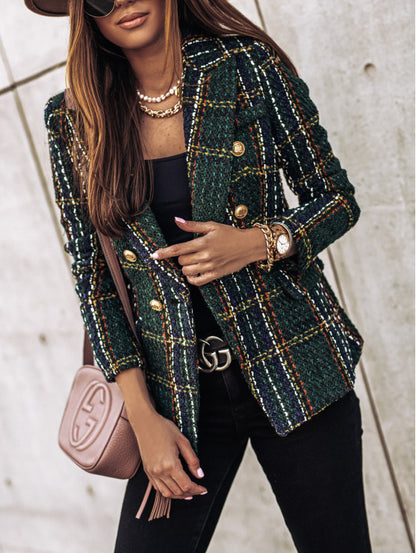 Tweed Plaid Double-Breasted Blazer