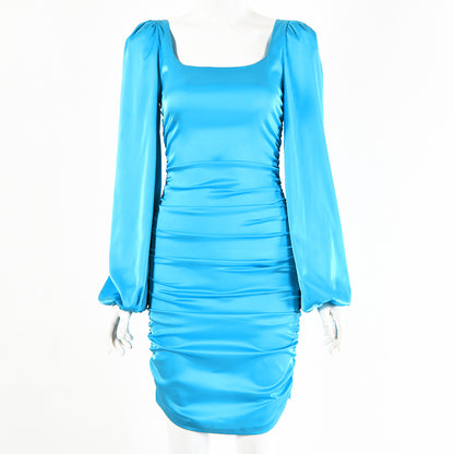 Ruched Bodycon Mini Dress with Square Neck and Puff Sleeves