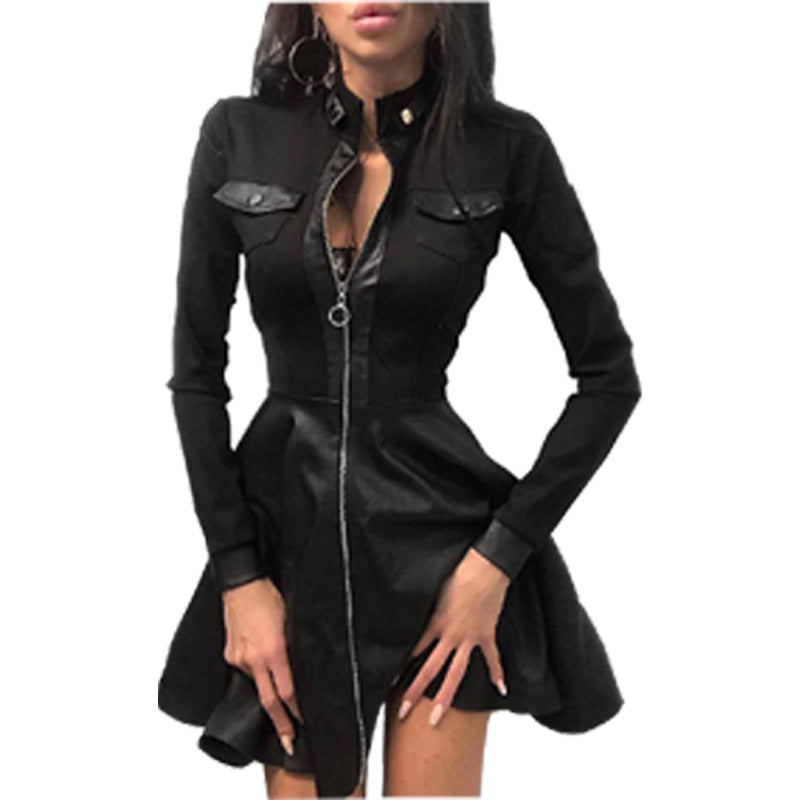 Houndstooth Faux Leather Mini Dress with Zipper Front