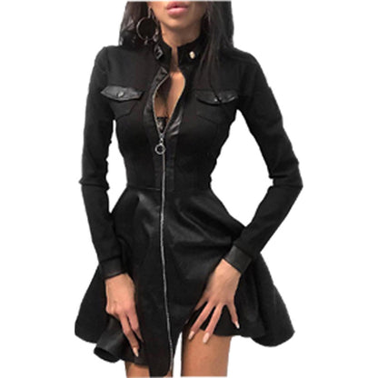 Houndstooth Faux Leather Mini Dress with Zipper Front