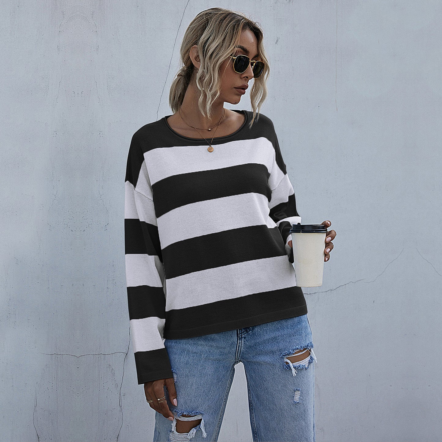 Loose Striped Knit Pullover with Crewneck and Long Sleeves