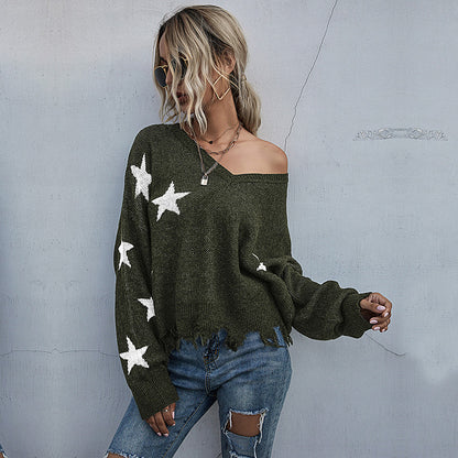 Star Pattern V-Neck Knit Sweater with Batwing Sleeves