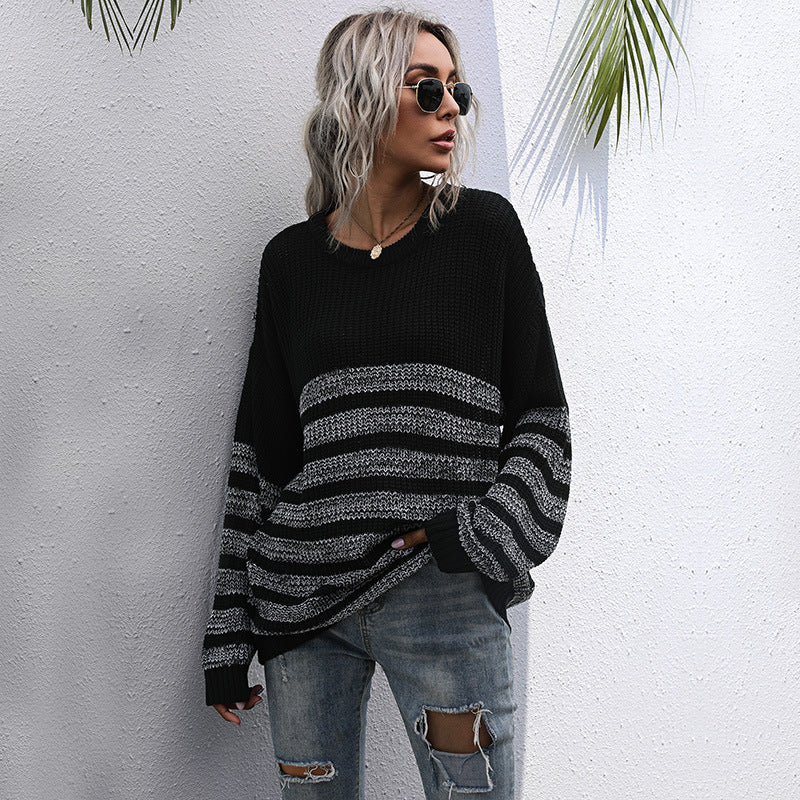 Loose Striped Knit Pullover with Crew Neck