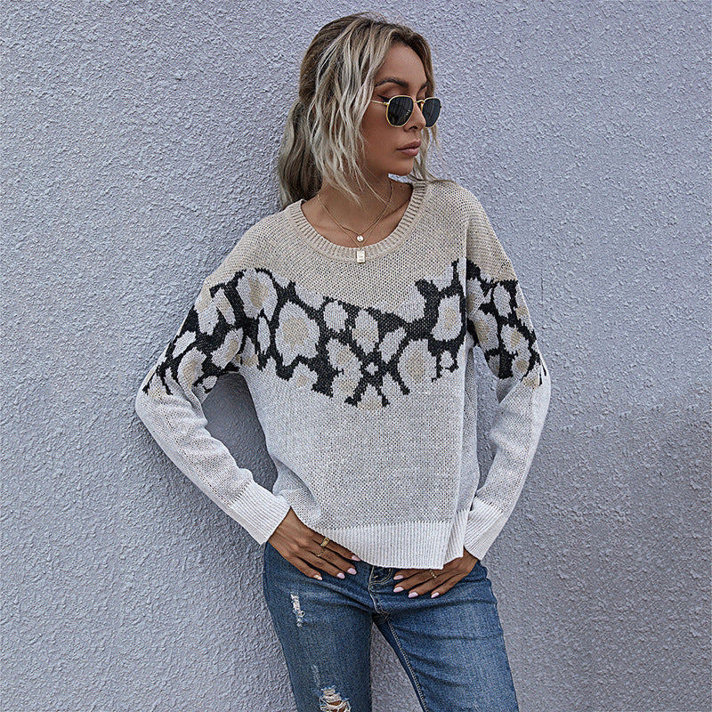 Oversized Zebra Pattern Crewneck Sweater with Side Slits