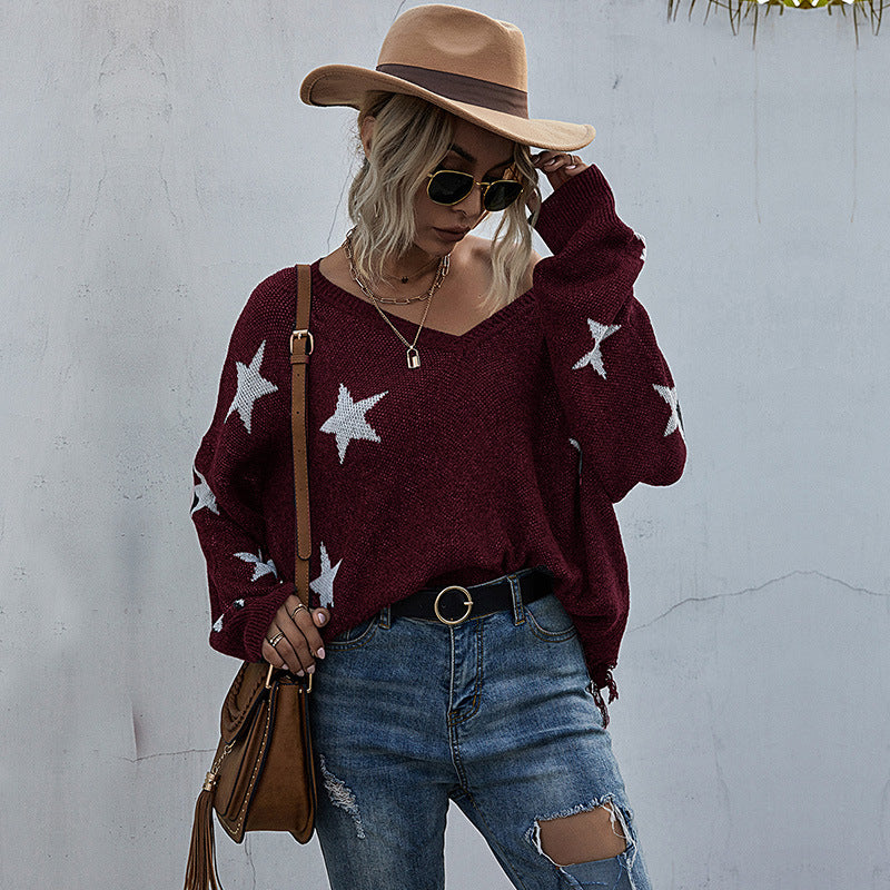 Star Pattern V-Neck Knit Sweater with Batwing Sleeves