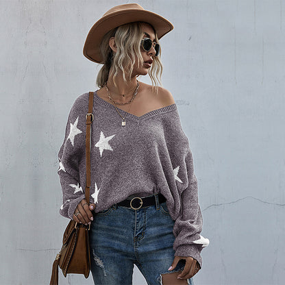 Star Pattern V-Neck Knit Sweater with Batwing Sleeves