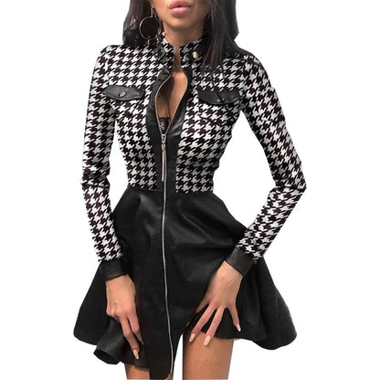 Houndstooth Faux Leather Mini Dress with Zipper Front