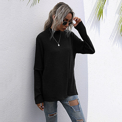 Loose Ribbed Pullover with Half-Turtleneck and Split Back