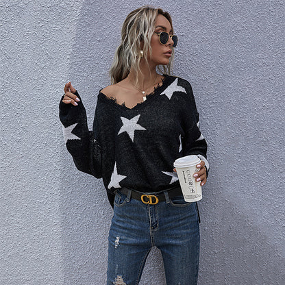 Stars Loose Long Sleeve Sweater with Frayed V-Neck