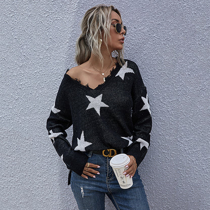 Stars Loose Long Sleeve Sweater with Frayed V-Neck