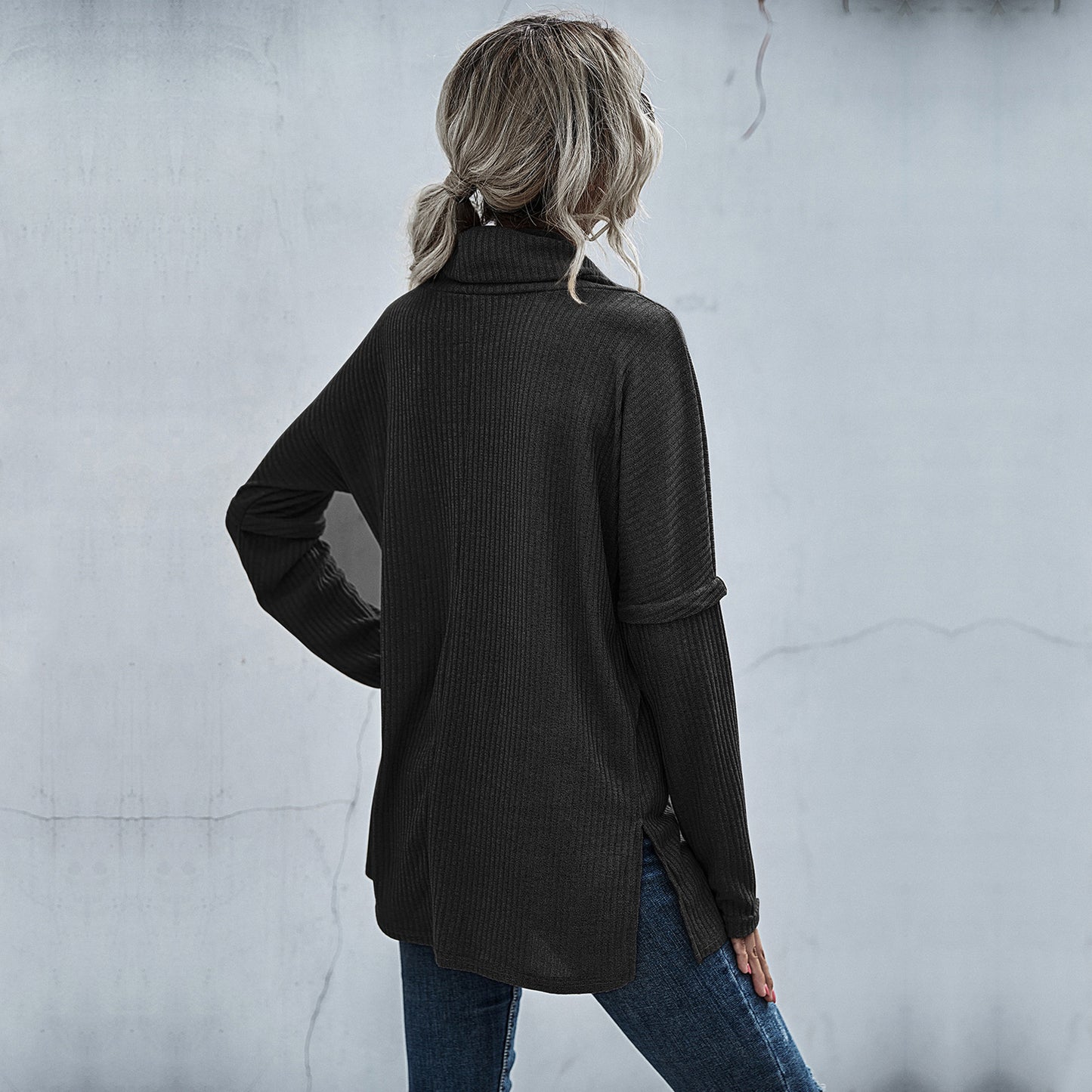 Oversized Tunic Sweater with Cowl Neck and Ribbed Knit