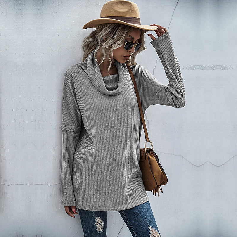 Oversized Tunic Sweater with Cowl Neck and Ribbed Knit
