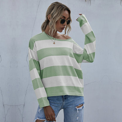 Loose Striped Knit Pullover with Crewneck and Long Sleeves