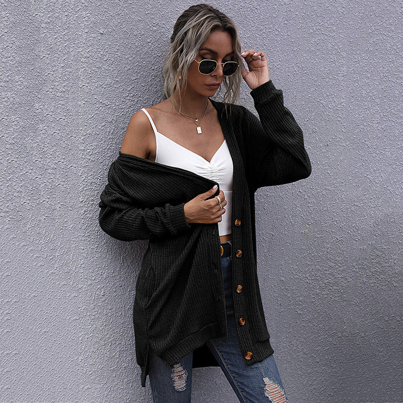 Loose Ribbed Knit Cardigan with V-Neck and Button Front