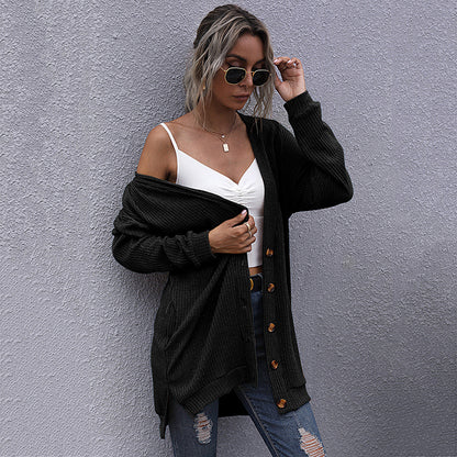 Loose Ribbed Knit Cardigan with V-Neck and Button Front