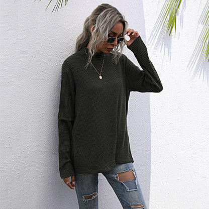Loose Ribbed Pullover with Half-Turtleneck and Split Back
