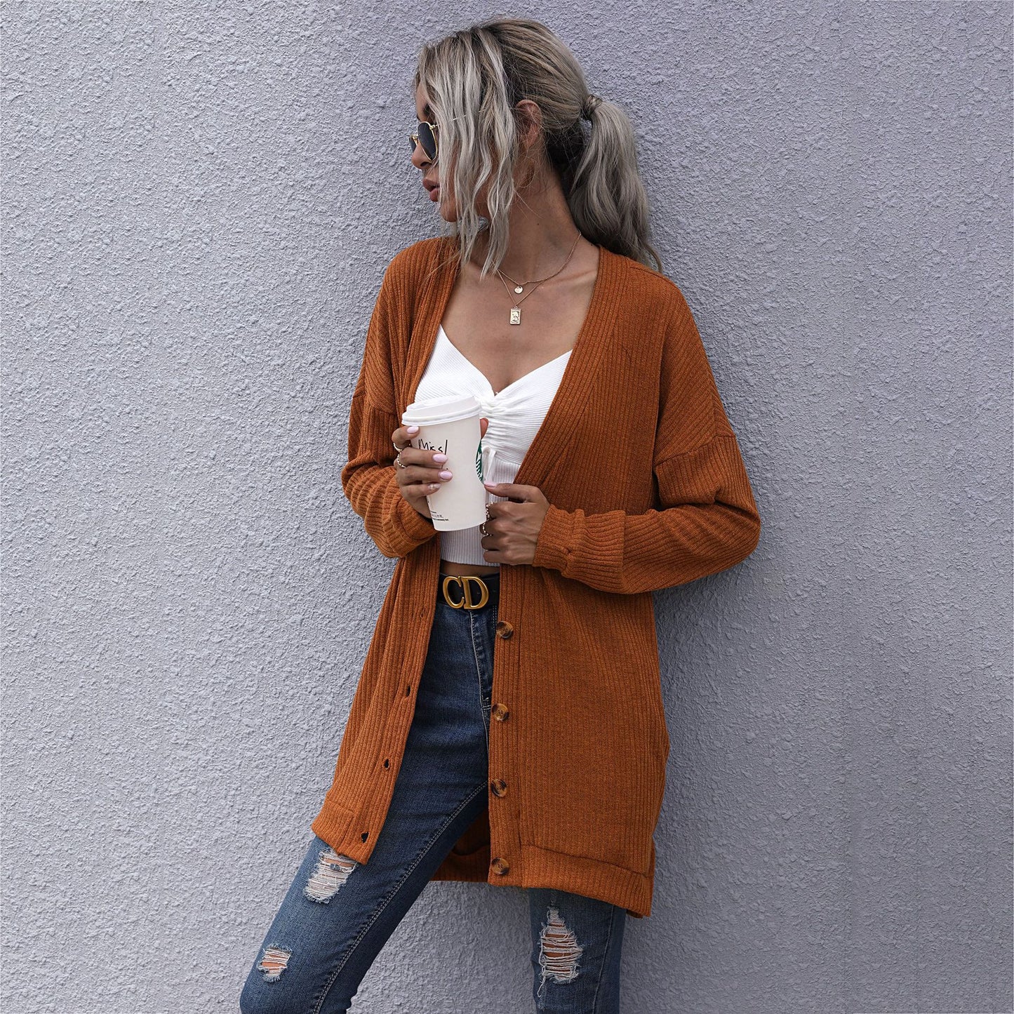 Loose Ribbed Knit Cardigan with V-Neck and Button Front