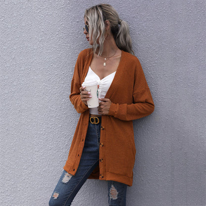 Loose Ribbed Knit Cardigan with V-Neck and Button Front