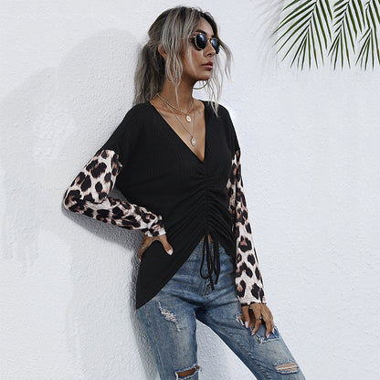 Leopard Print Knit Top with V-Neck and Ruched Drawstring