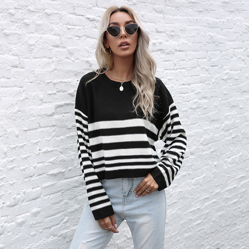 Cropped Striped Knit Sweater with Crew Neck