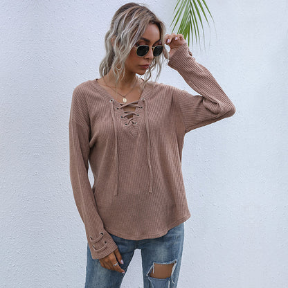 Loose Ribbed Knit Top with Lace-Up V-Neck and Tie Cuffs