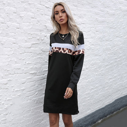 Leopard Print Patchwork Sweatshirt Dress with Side Zipper