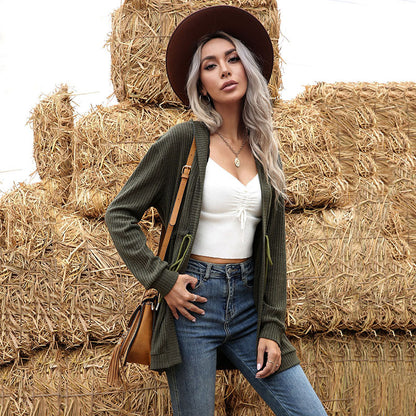 Ribbed Knit Hooded Cardigan with Drawstring Waist