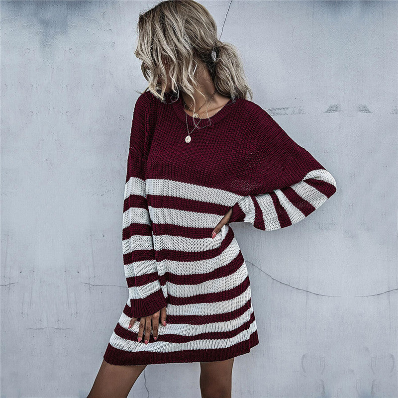 Striped Knit Sweater Dress with Crewneck and Long Sleeves