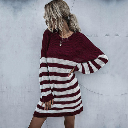 Striped Knit Sweater Dress with Crewneck and Long Sleeves