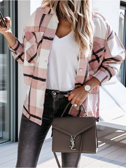Plaid Oversized Shirt Jacket with Lapel Collar