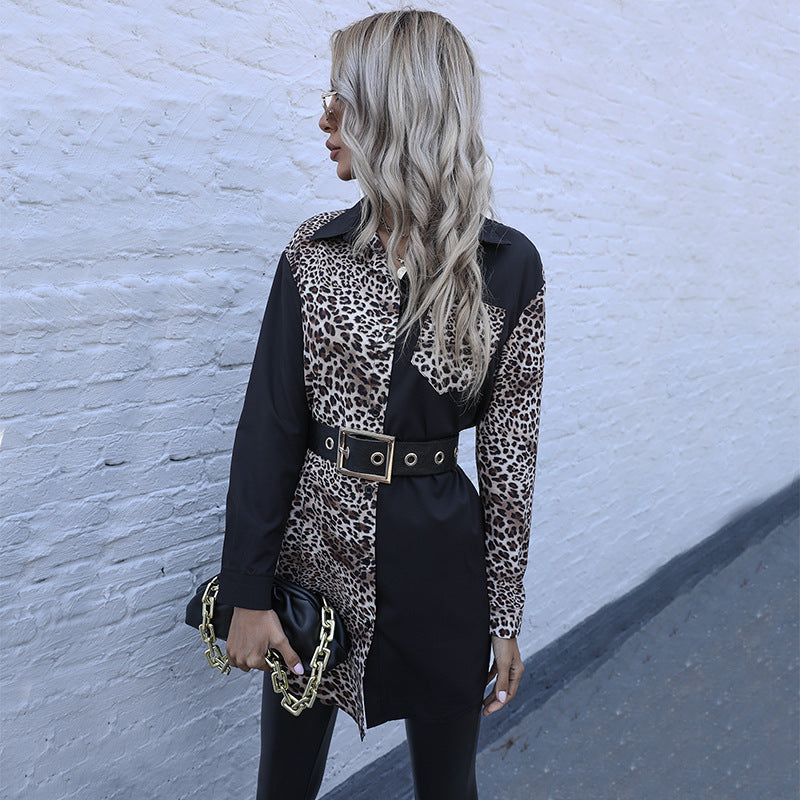 Spliced Leopard Print Tunic Blouse with Lapel Collar