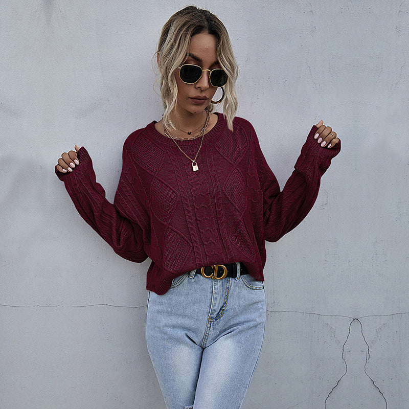 Cable Knit Pullover Sweater with Crewneck and Long Sleeves