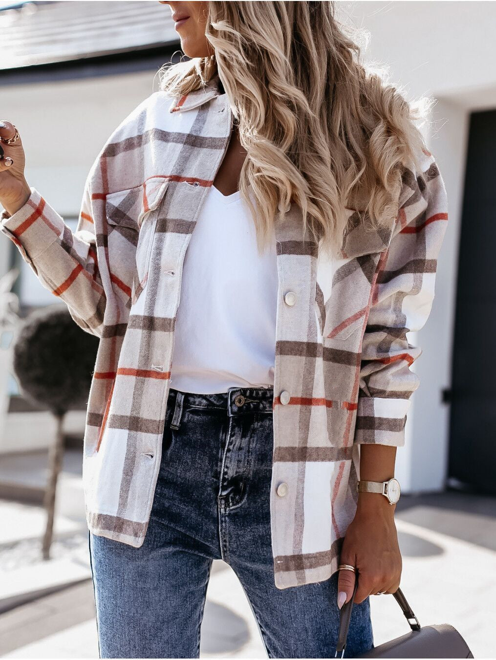 Plaid Oversized Shirt Jacket with Lapel Collar