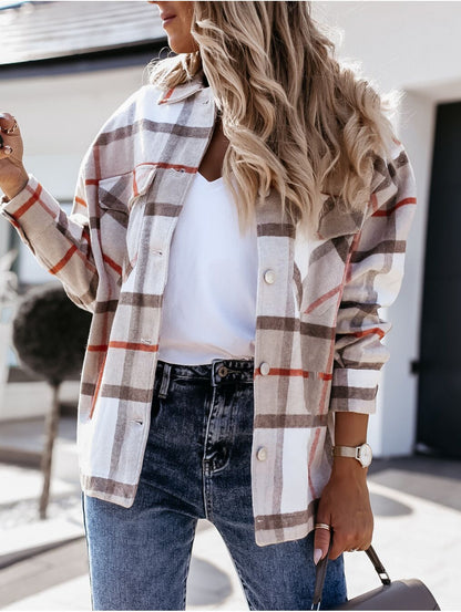 Plaid Oversized Shirt Jacket with Lapel Collar