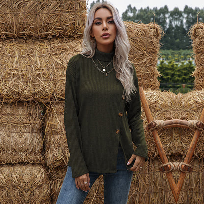 Ribbed Knit Turtleneck Pullover with Side Button Slit