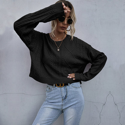 Cable Knit Pullover Sweater with Crewneck and Long Sleeves