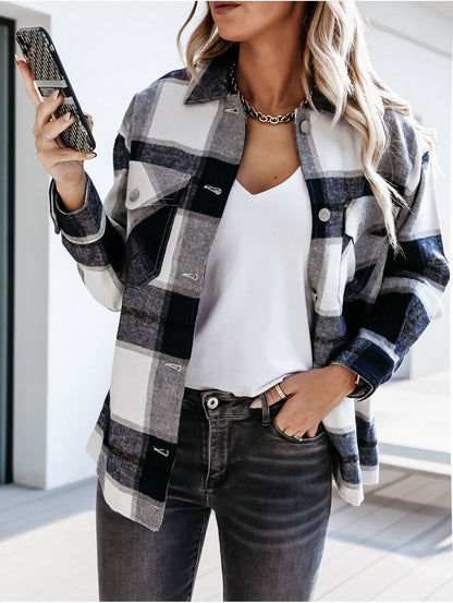 Plaid Oversized Shirt Jacket with Lapel Collar