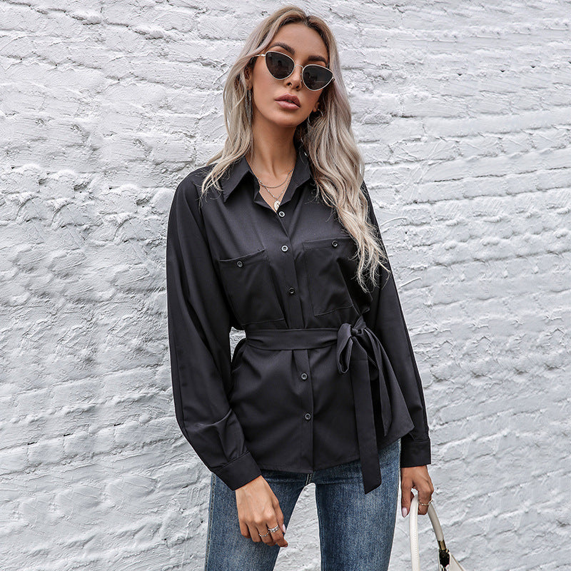 Solid Batwing Sleeve Button-Down Shirt with Tie Waist