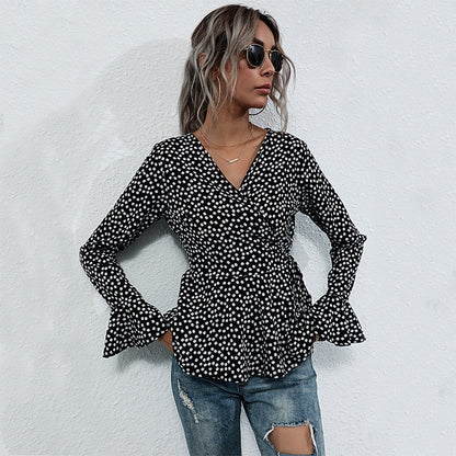 Polka Dot Wrap Top with Bell Sleeves and Peplum Hem