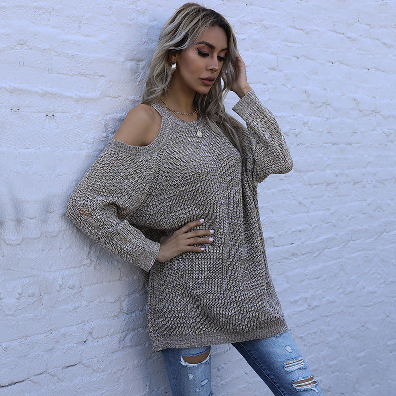 Solid Knit Tunic with Cold Shoulder and Crewneck