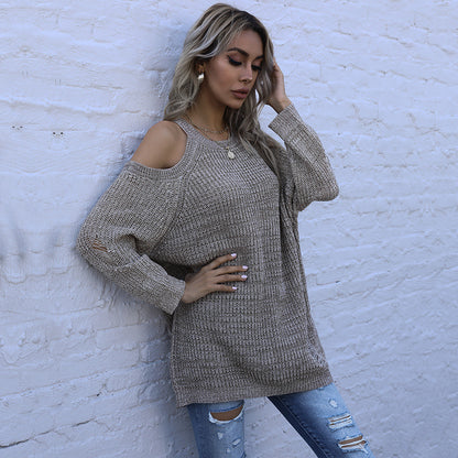 Solid Knit Tunic with Cold Shoulder and Crewneck