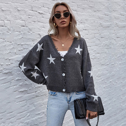 Star Print Cropped Cardigan with V-Neck and Frayed Edges