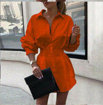 Solid Collared Shirt Dress with Long Sleeves and Cinched Waist