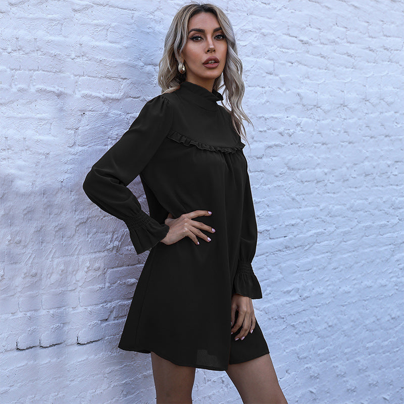 Solid A-Line Mini Dress with High Neck and Ruffled Yoke