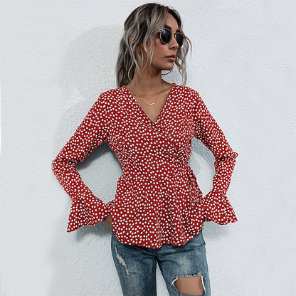 Polka Dot Wrap Top with Bell Sleeves and Peplum Hem